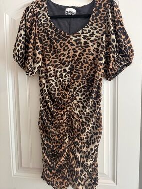 Ganni Leopard Ruched Mini Dress in Brown Black Cream
